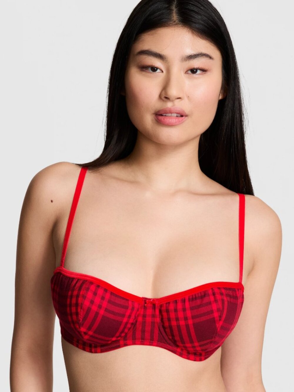 PINK Victoria's Secret Unlined Balconette Bra   Red Plaid Velvet Trim 34B NWT